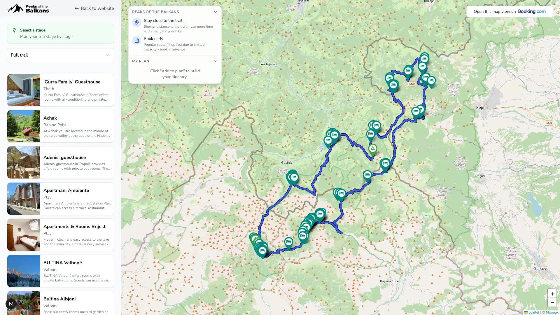 Planner map view with stages and accommodation along the trail
