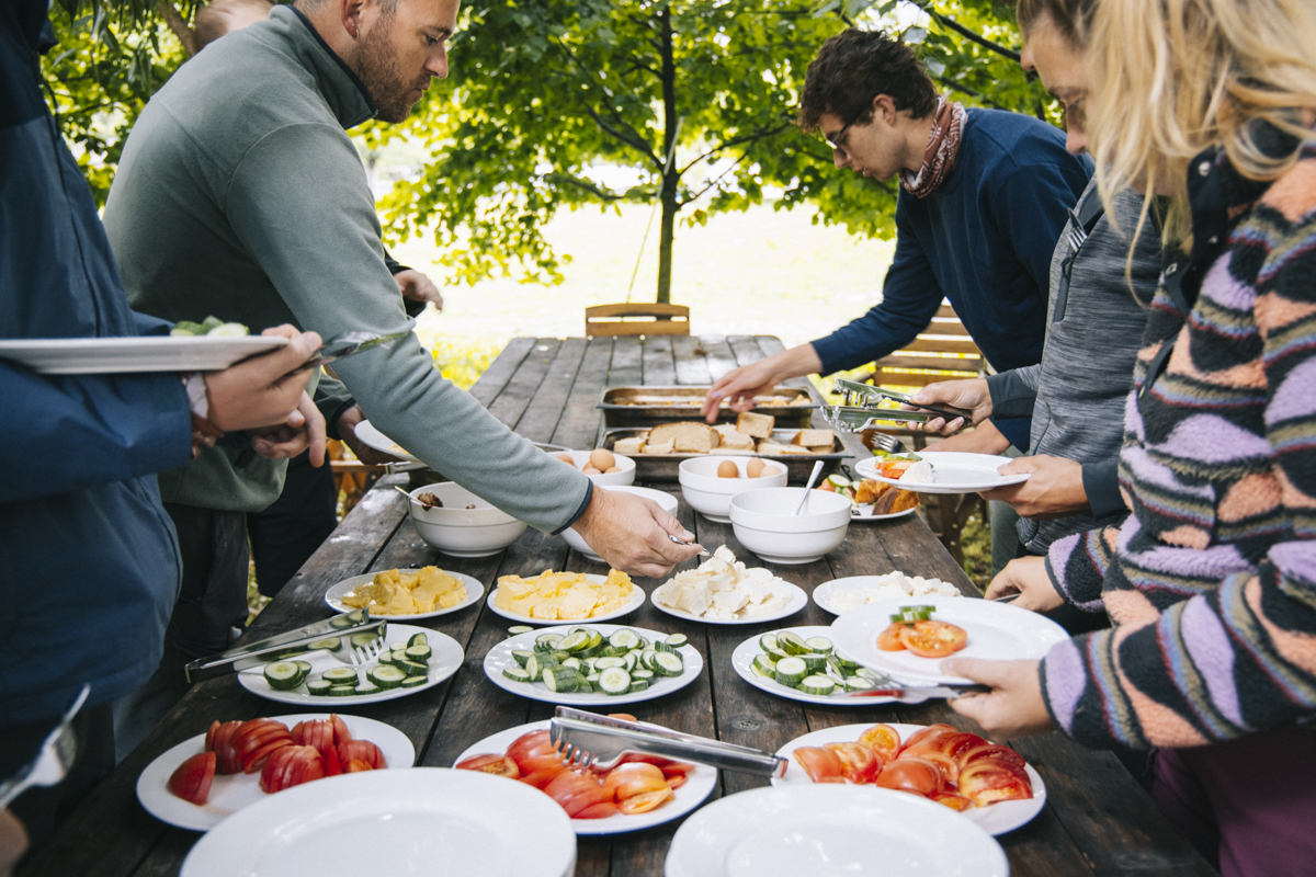 Food sharing for dinner and breakfast meals at the guest houses on trail